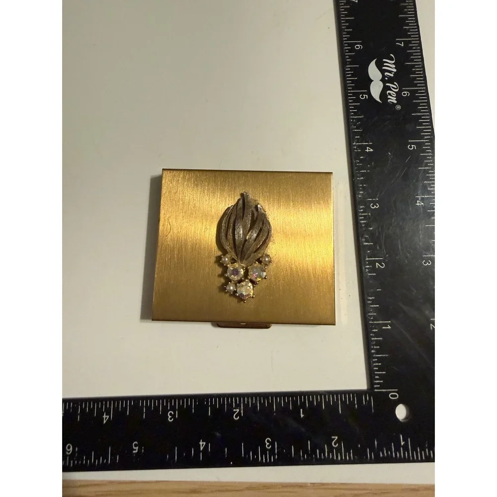 Vintage SJC 5th Avenue Gold Compact Aurora Borealis Rhinestone Faux Pearl Leaf
